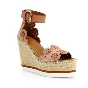 See by Chloe Pink Glyn Laser Cut Suede Floral Espadrille Wedges